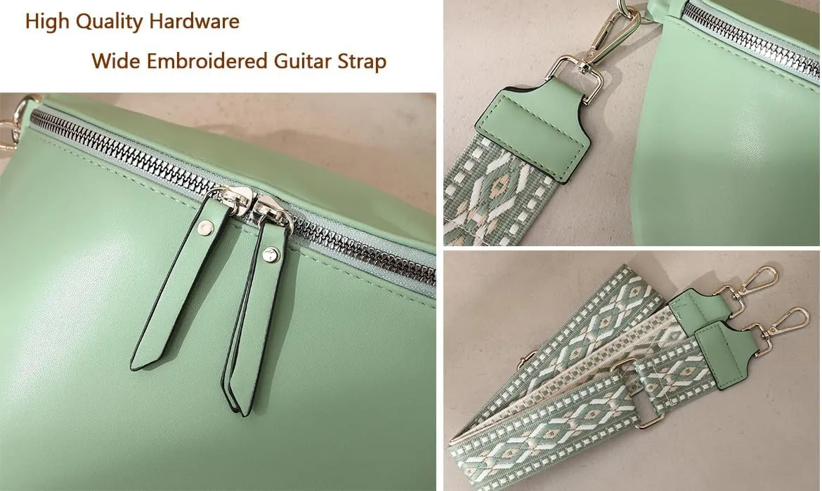 Fanny Packs - Cross Body Belt Bags with Guitar Strap PU Leather for Travel Everyday (Green)
