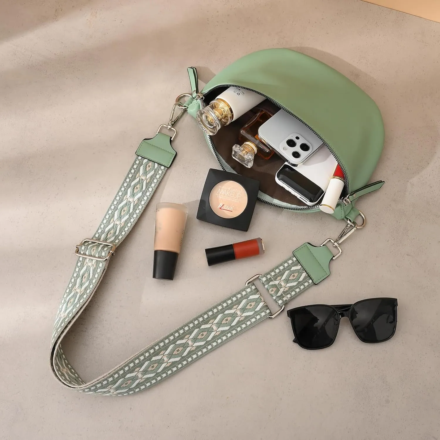 Fanny Packs - Cross Body Belt Bags with Guitar Strap PU Leather for Travel Everyday (Green)