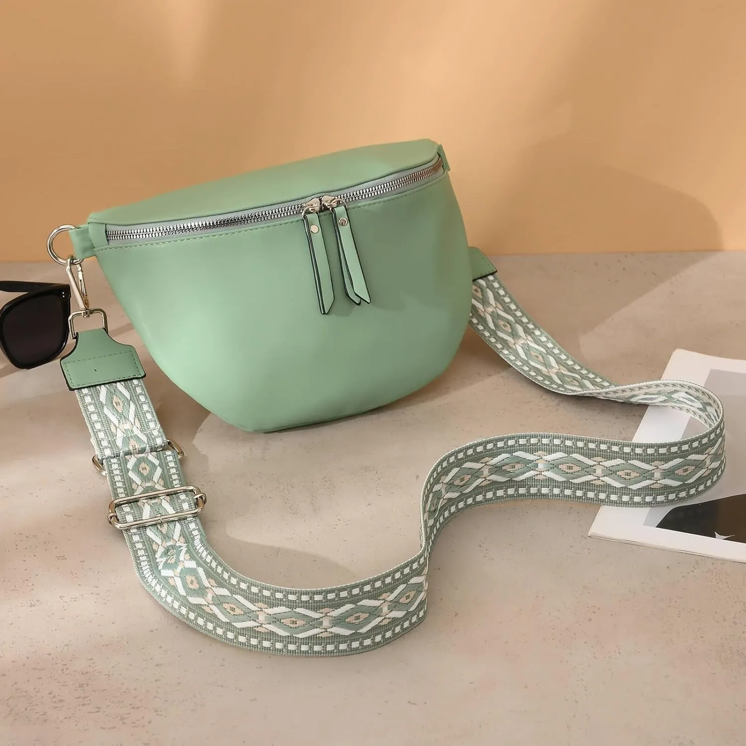 Fanny Packs - Cross Body Belt Bags with Guitar Strap PU Leather for Travel Everyday (Green)