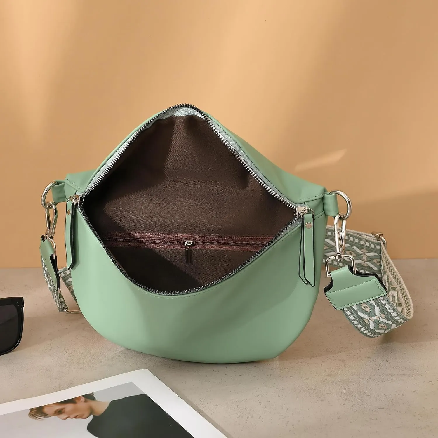 Fanny Packs - Cross Body Belt Bags with Guitar Strap PU Leather for Travel Everyday (Green)