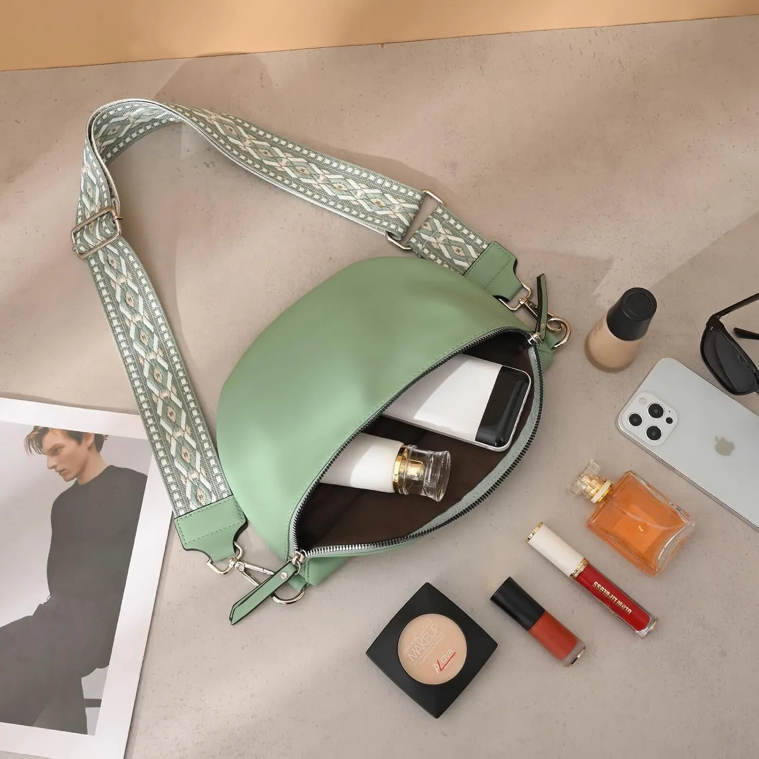 Fanny Packs - Cross Body Belt Bags with Guitar Strap PU Leather for Travel Everyday (Green)