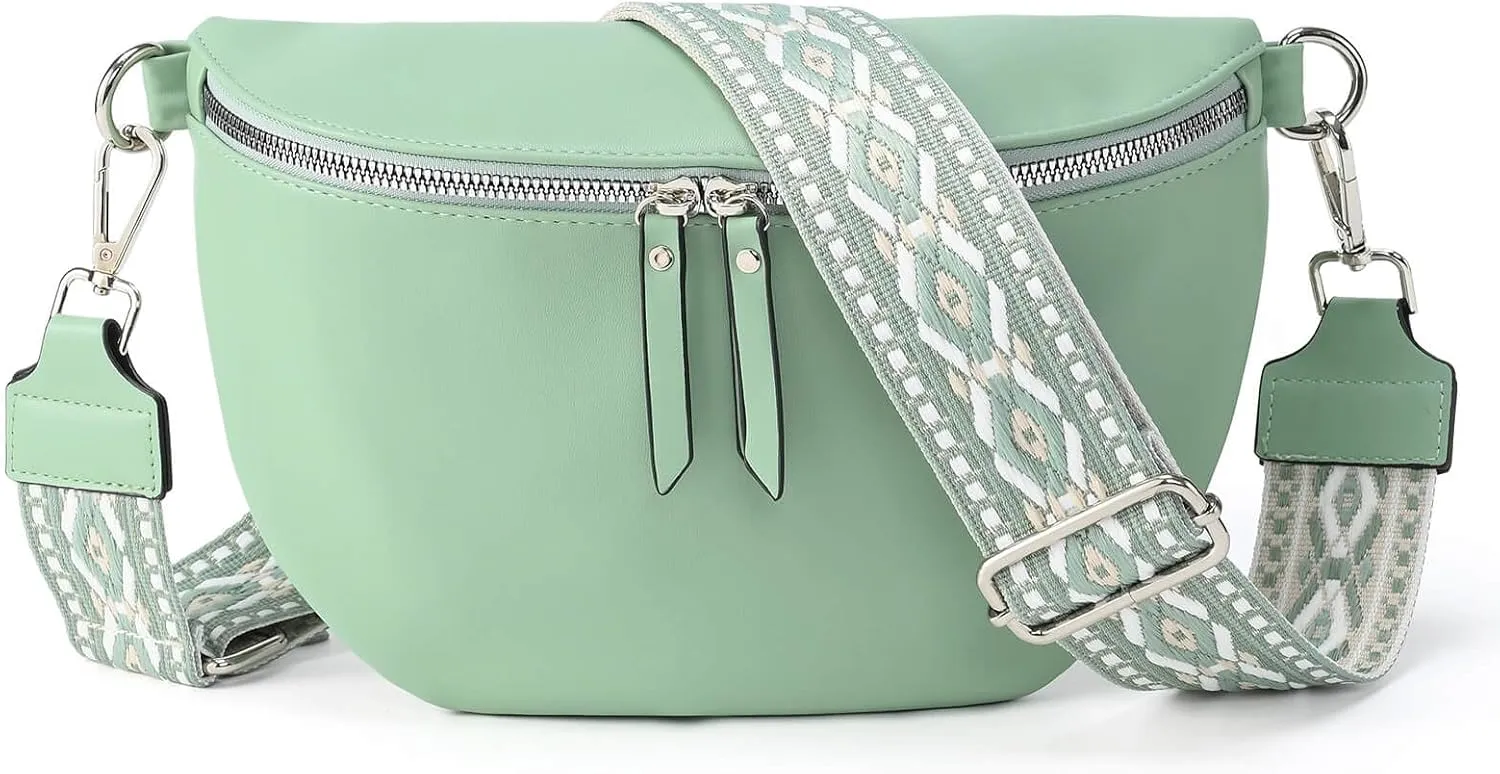 Fanny Packs - Cross Body Belt Bags with Guitar Strap PU Leather for Travel Everyday (Green)