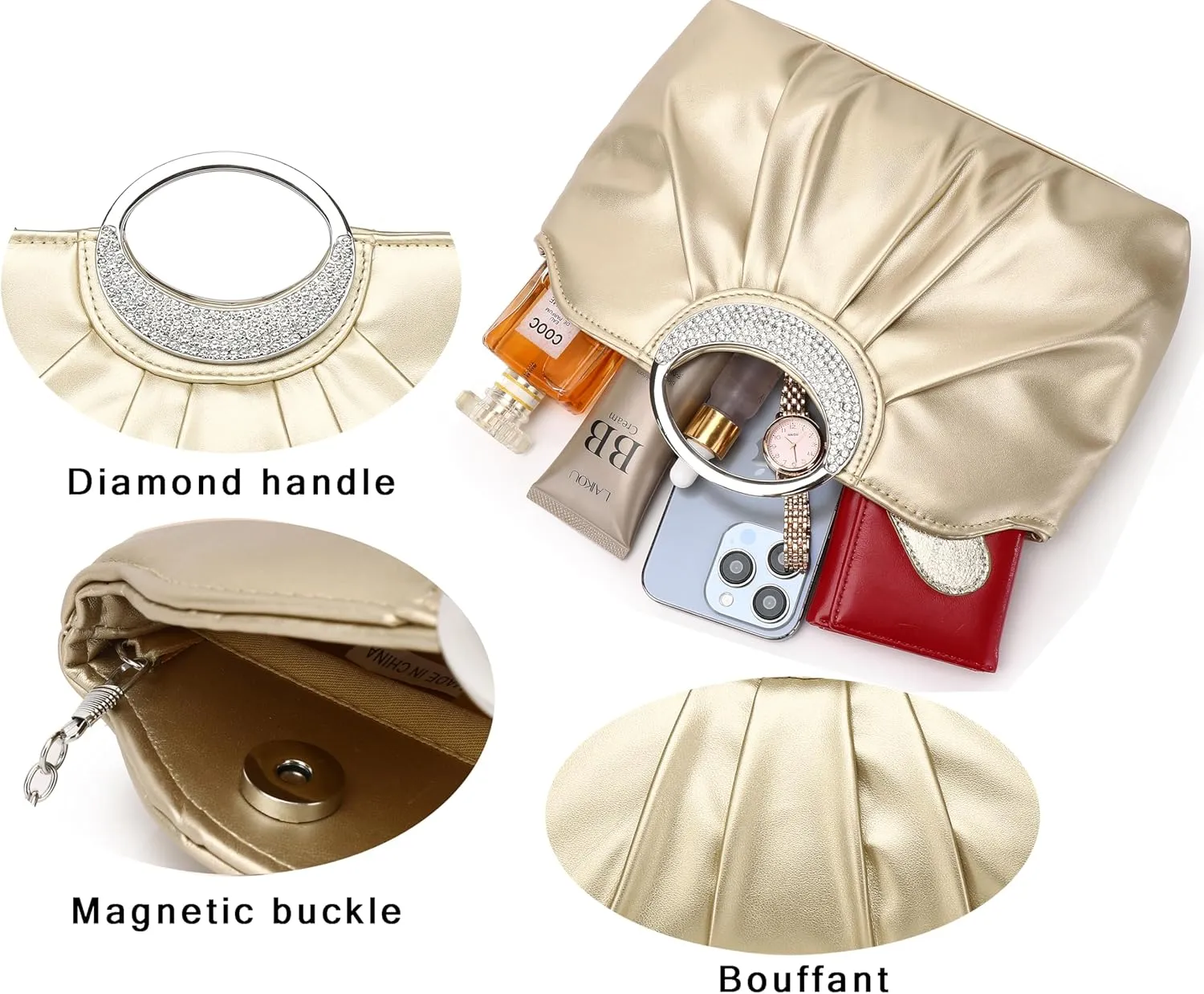 Fashion Clutch Purses Elegant Pleated for Women Formal/Casual, Fashion PU Leather Purse for Prom, Cocktail and Wedding