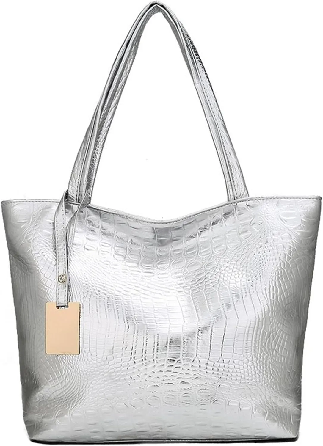 Fashion Women Sparkly Metallic PU Leather Big Shoulder Bag Casual Vintage Alligator Pattern Large Capacity Handbag Purse