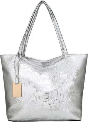 Fashion Women Sparkly Metallic PU Leather Big Shoulder Bag Casual Vintage Alligator Pattern Large Capacity Handbag Purse