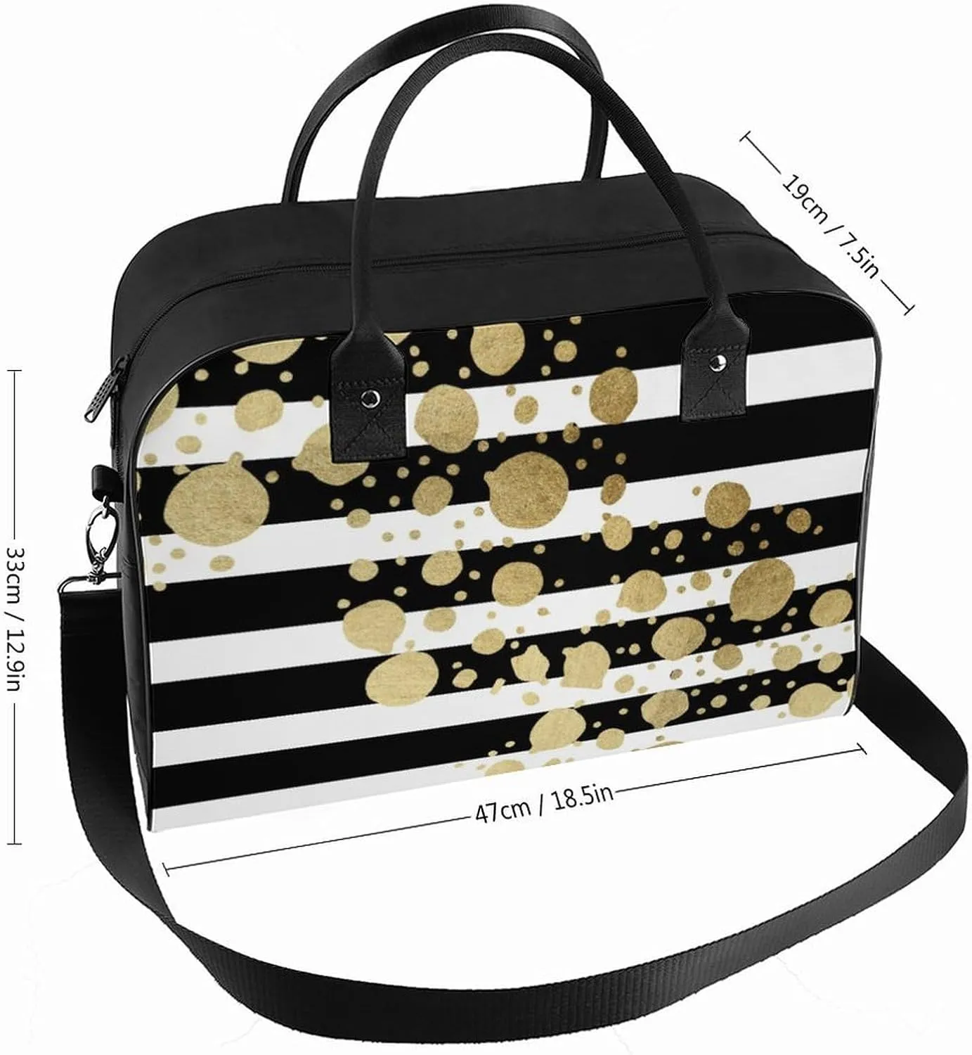 Faux Gold Paint Splatter on Black & White Stripes Travel Handbag with A Large Capacity Design That Can Be Reused