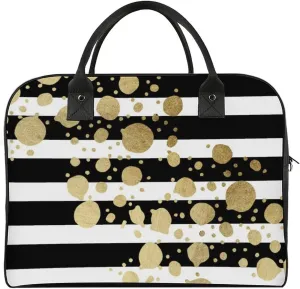 Faux Gold Paint Splatter on Black & White Stripes Travel Handbag with A Large Capacity Design That Can Be Reused