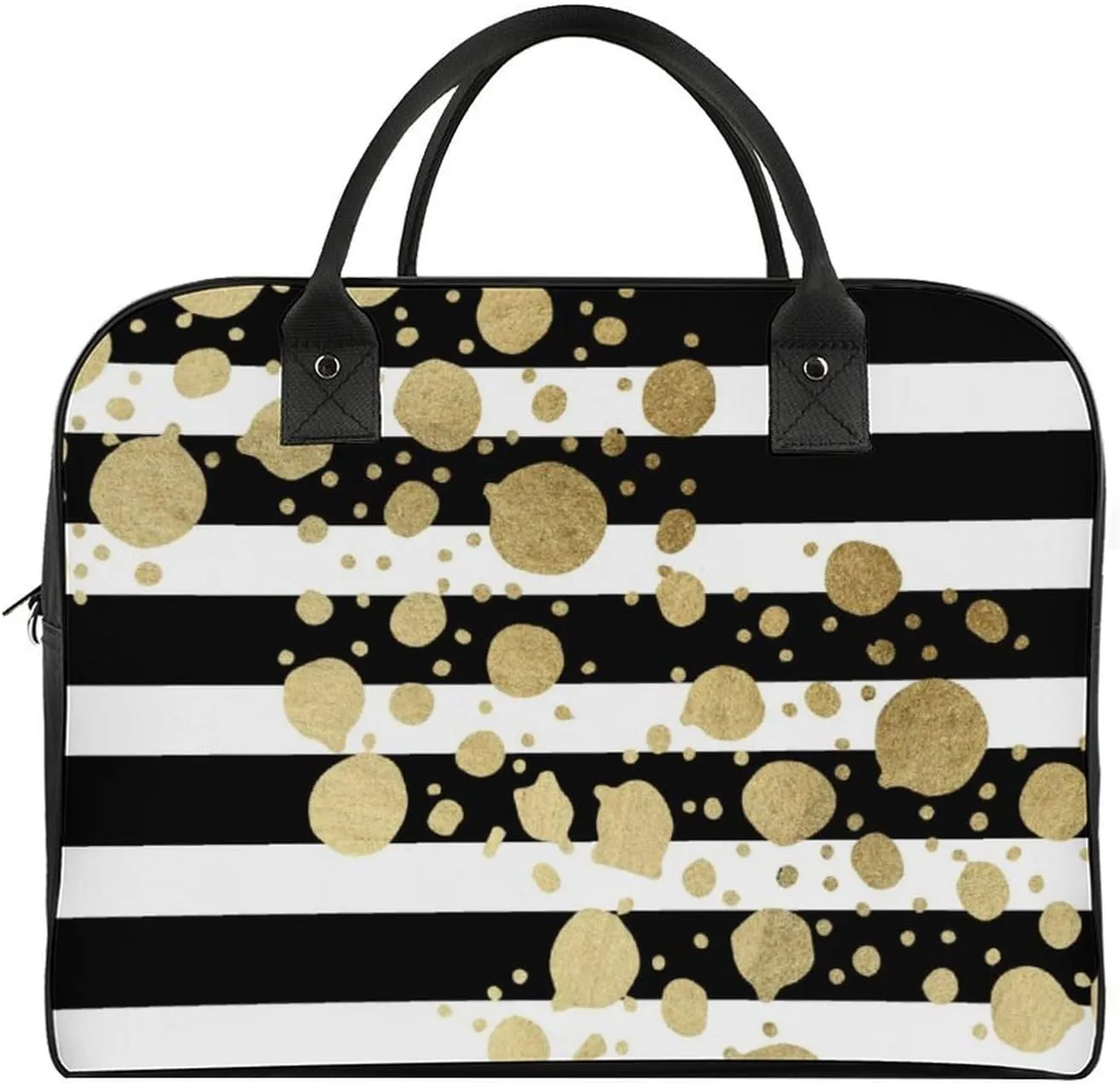 Faux Gold Paint Splatter on Black & White Stripes Travel Handbag with A Large Capacity Design That Can Be Reused