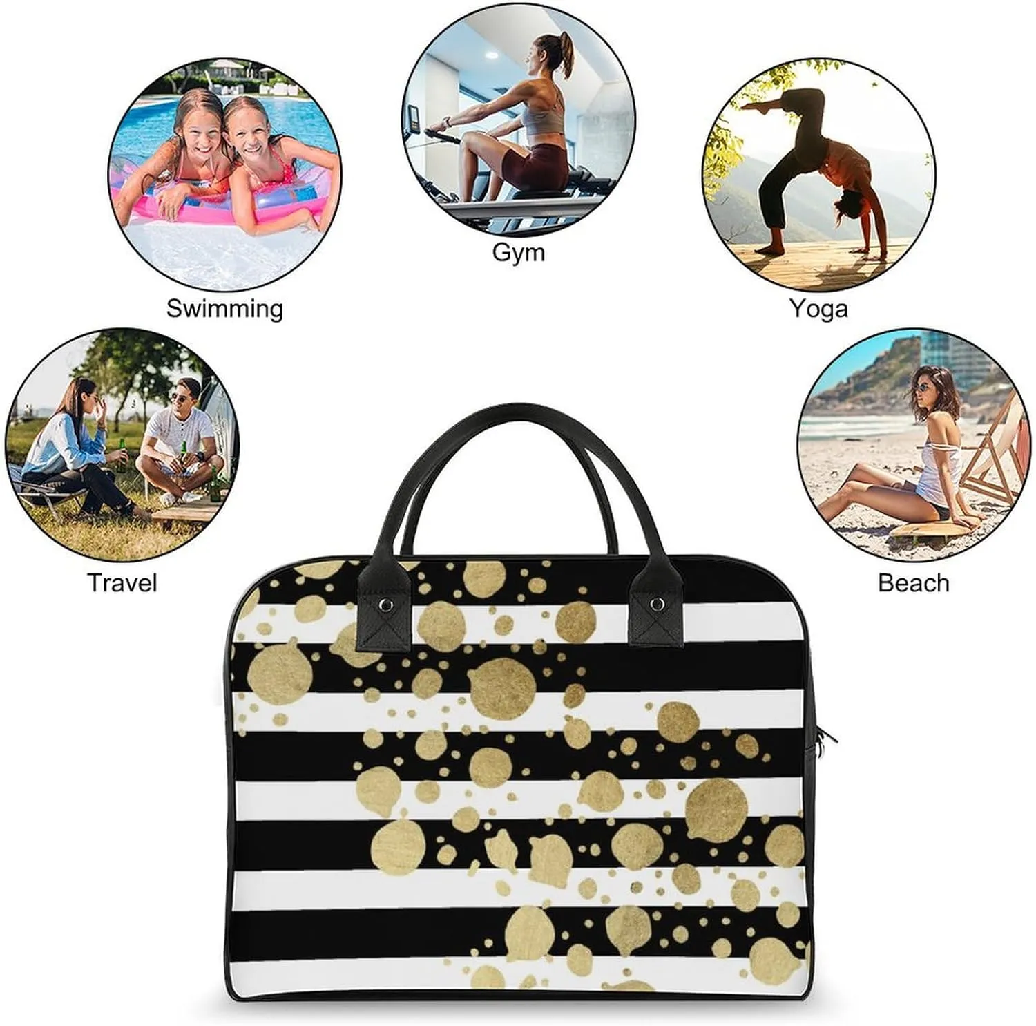 Faux Gold Paint Splatter on Black & White Stripes Travel Handbag with A Large Capacity Design That Can Be Reused