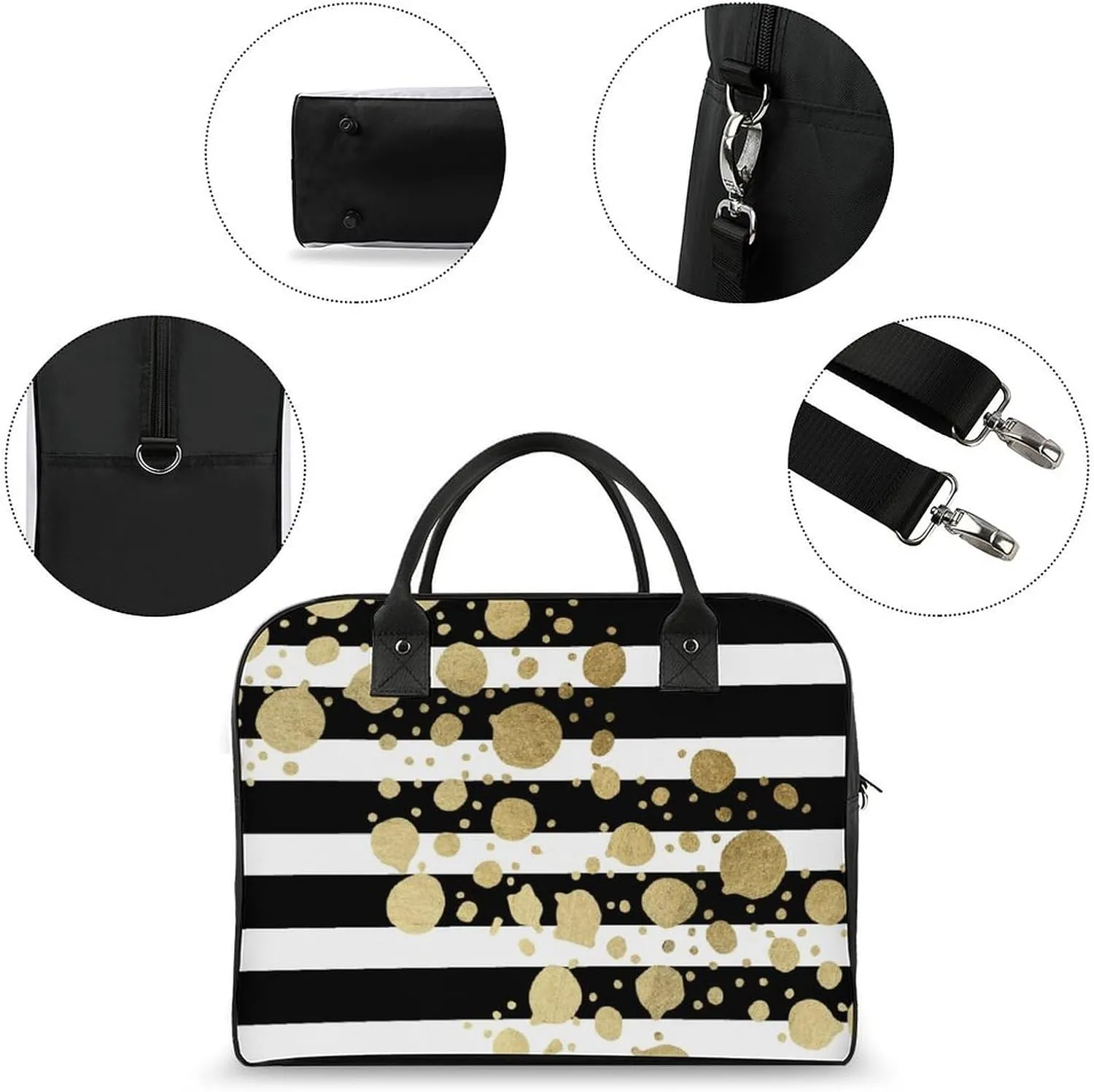 Faux Gold Paint Splatter on Black & White Stripes Travel Handbag with A Large Capacity Design That Can Be Reused