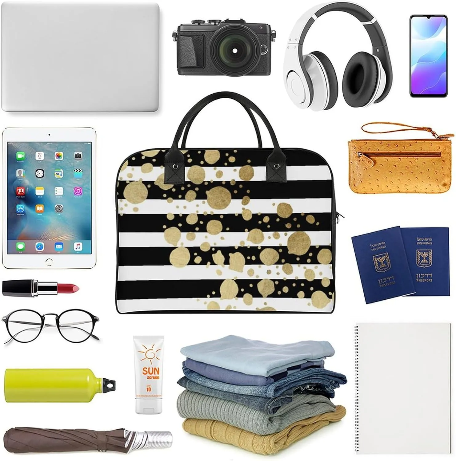Faux Gold Paint Splatter on Black & White Stripes Travel Handbag with A Large Capacity Design That Can Be Reused