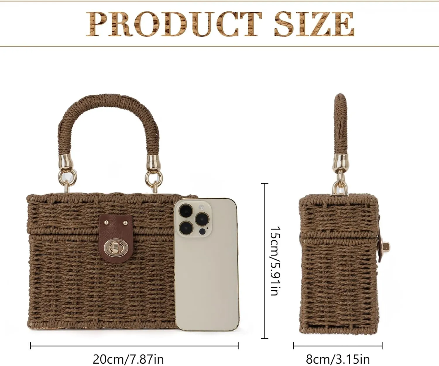 Fecialy Women Handwoven Rattan Handbag Beach Straw Tote Bag Square Boho Crossbody Bag