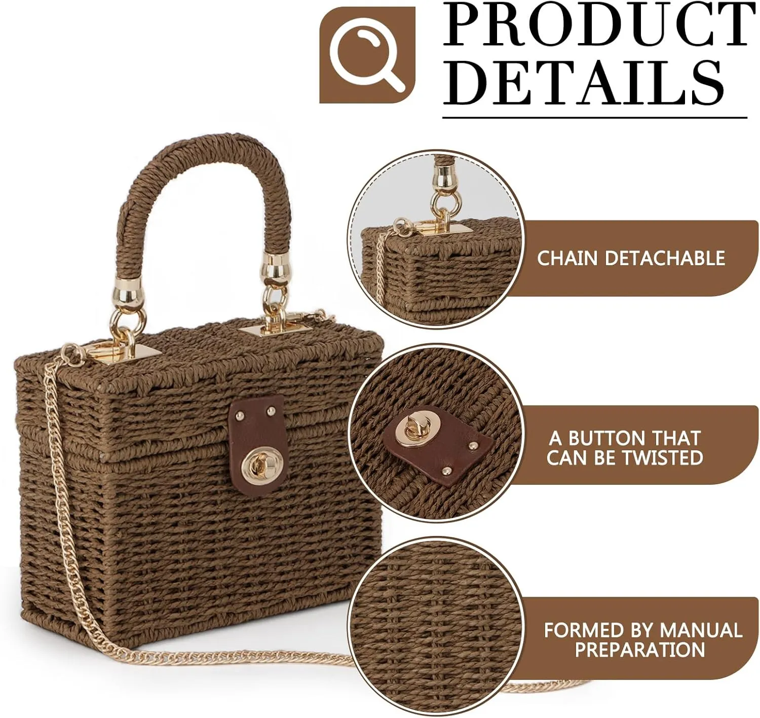 Fecialy Women Handwoven Rattan Handbag Beach Straw Tote Bag Square Boho Crossbody Bag