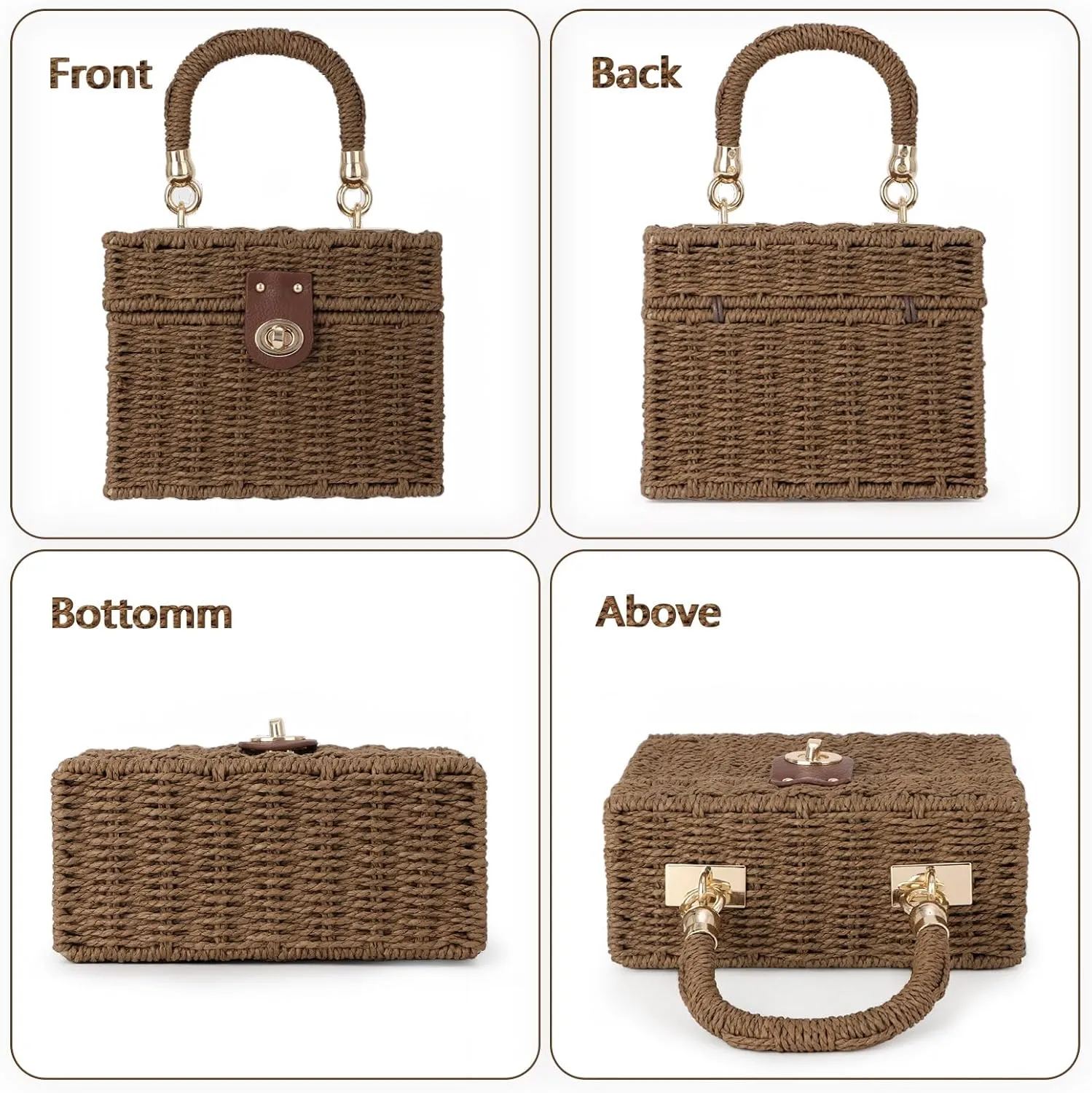 Fecialy Women Handwoven Rattan Handbag Beach Straw Tote Bag Square Boho Crossbody Bag