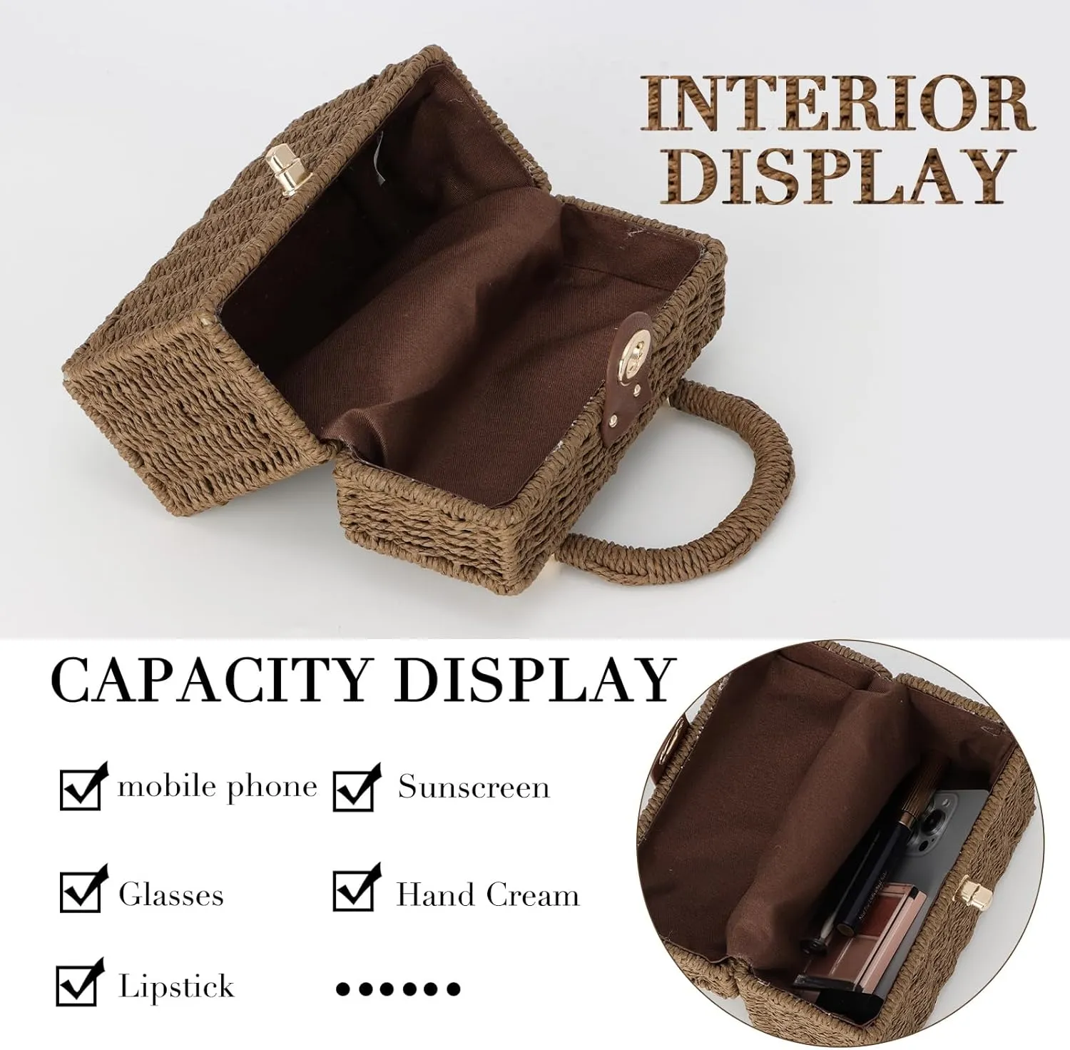 Fecialy Women Handwoven Rattan Handbag Beach Straw Tote Bag Square Boho Crossbody Bag