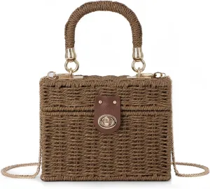 Fecialy Women Handwoven Rattan Handbag Beach Straw Tote Bag Square Boho Crossbody Bag