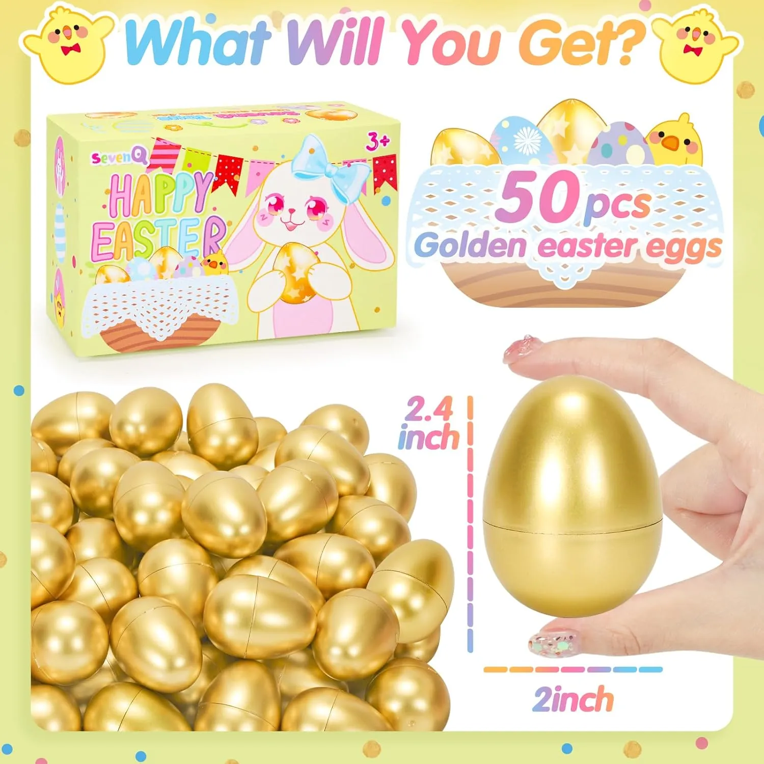 Fillable Easter Eggs 50Pcs Plastic Golden Eggs for Easter Basket Stuffers,Easter Gifts for Kids Party Favors Pinata Candy Goodie Bags Treasure Box Toys Fillers Easter Egg Hunt Games Decorations