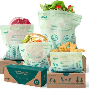 Fit Meal Prep 100% Compostable Ziplock Bags Set, Resealable Food Storage Bags Plant-Based Freezer-Safe Zip Bag for Food, ASTM D6400, US BPI & EU OK Compost Certified