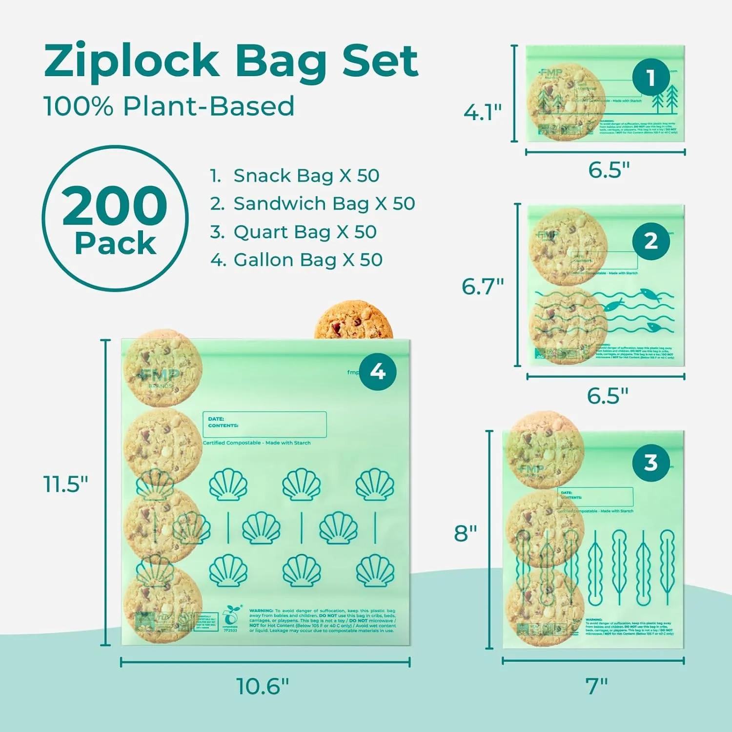 Fit Meal Prep 100% Compostable Ziplock Bags Set, Resealable Food Storage Bags Plant-Based Freezer-Safe Zip Bag for Food, ASTM D6400, US BPI & EU OK Compost Certified