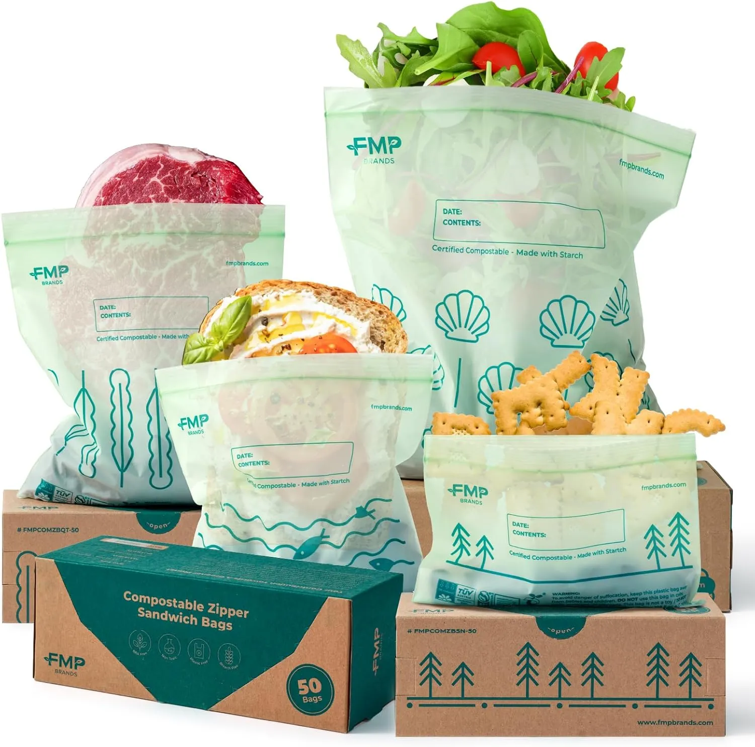 Fit Meal Prep 100% Compostable Ziplock Bags Set, Resealable Food Storage Bags Plant-Based Freezer-Safe Zip Bag for Food, ASTM D6400, US BPI & EU OK Compost Certified