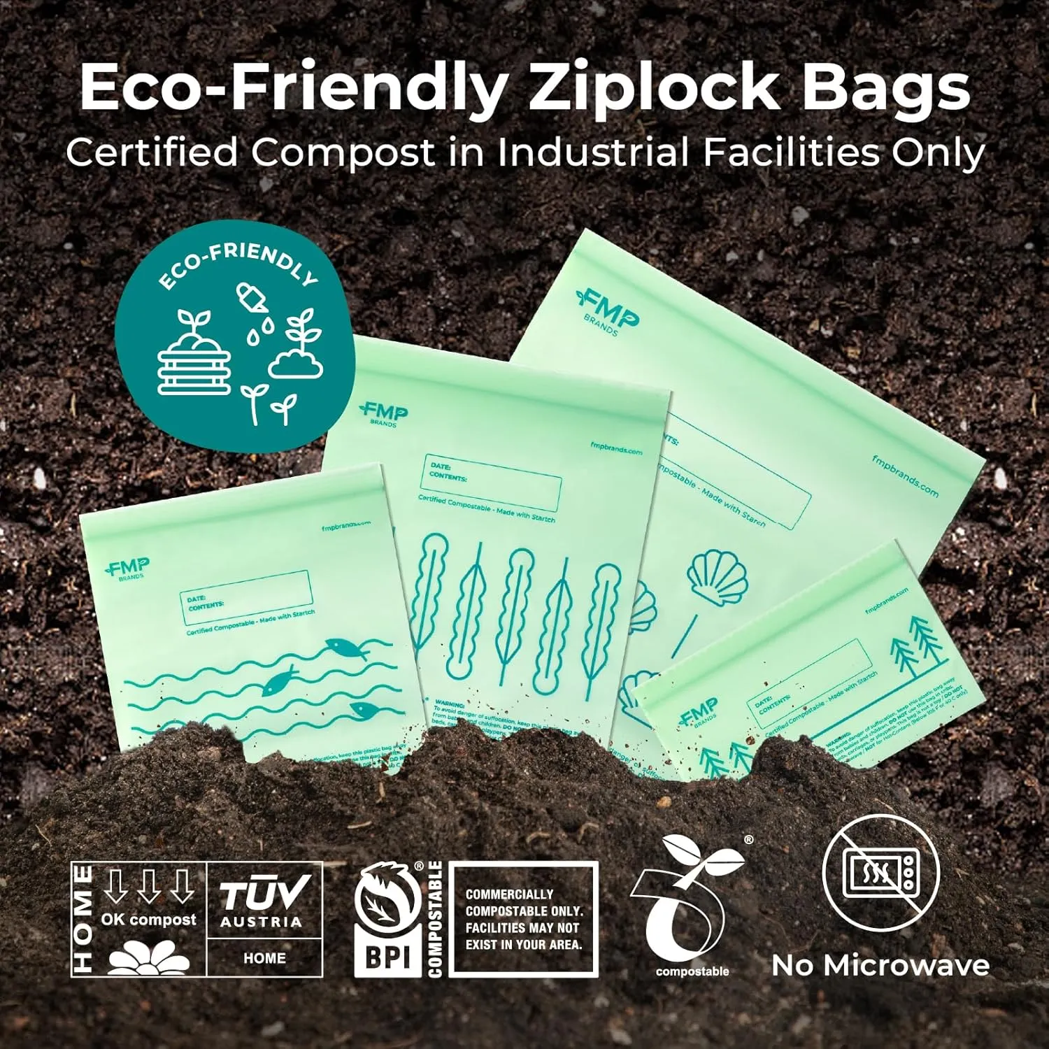 Fit Meal Prep 100% Compostable Ziplock Bags Set, Resealable Food Storage Bags Plant-Based Freezer-Safe Zip Bag for Food, ASTM D6400, US BPI & EU OK Compost Certified