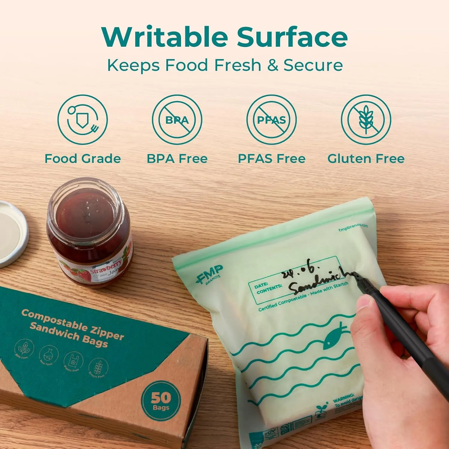 Fit Meal Prep 50 Pack 100% Compostable Ziplock Sandwich Bags, 6.5 x 6.7" Resealable Food Storage Freezer Bags, Eco Friendly Snack Zip Bags for Travel, ASTM D6400, US BPI & EU OK Compost Certified