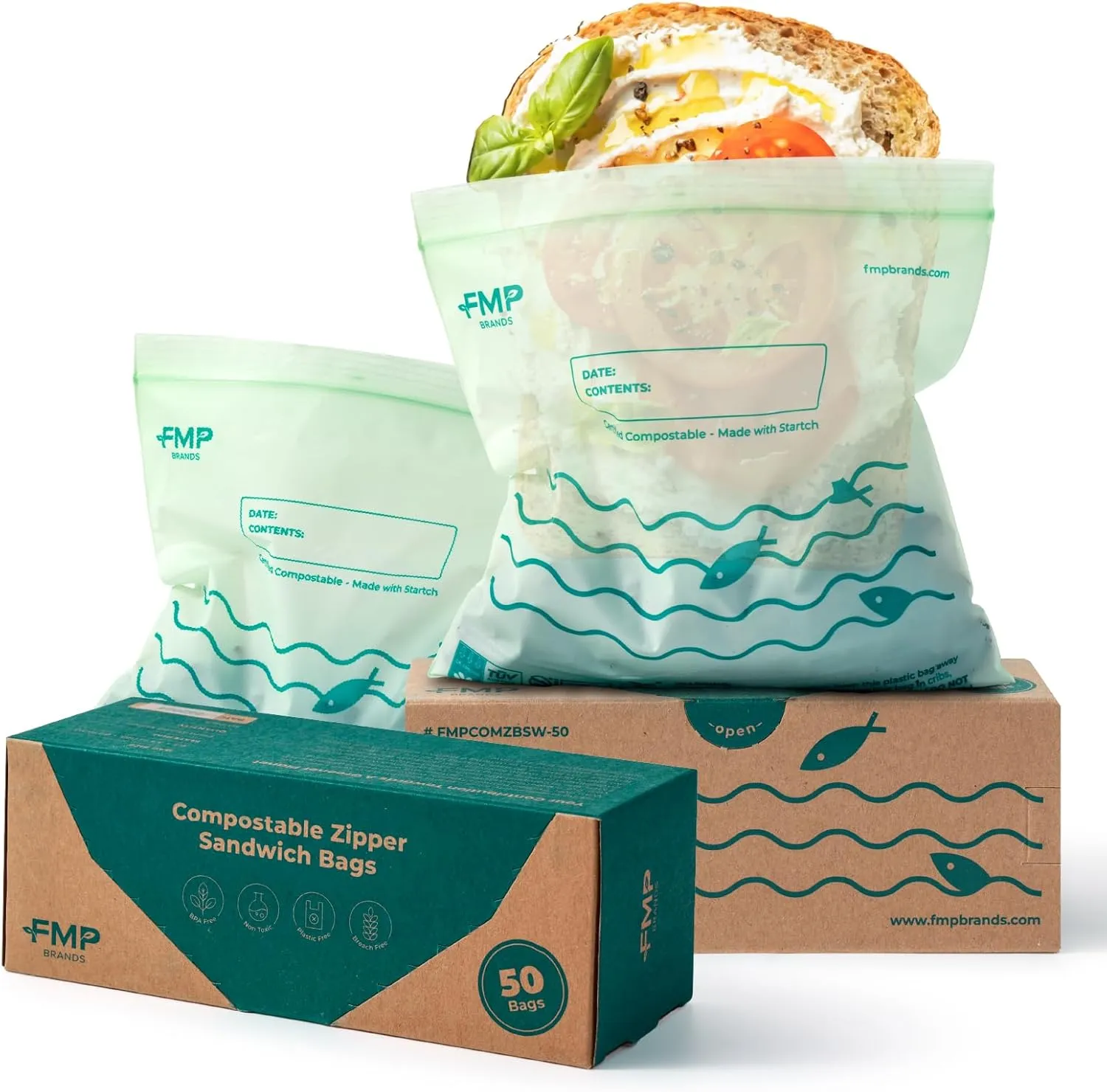 Fit Meal Prep 50 Pack 100% Compostable Ziplock Sandwich Bags, 6.5 x 6.7" Resealable Food Storage Freezer Bags, Eco Friendly Snack Zip Bags for Travel, ASTM D6400, US BPI & EU OK Compost Certified