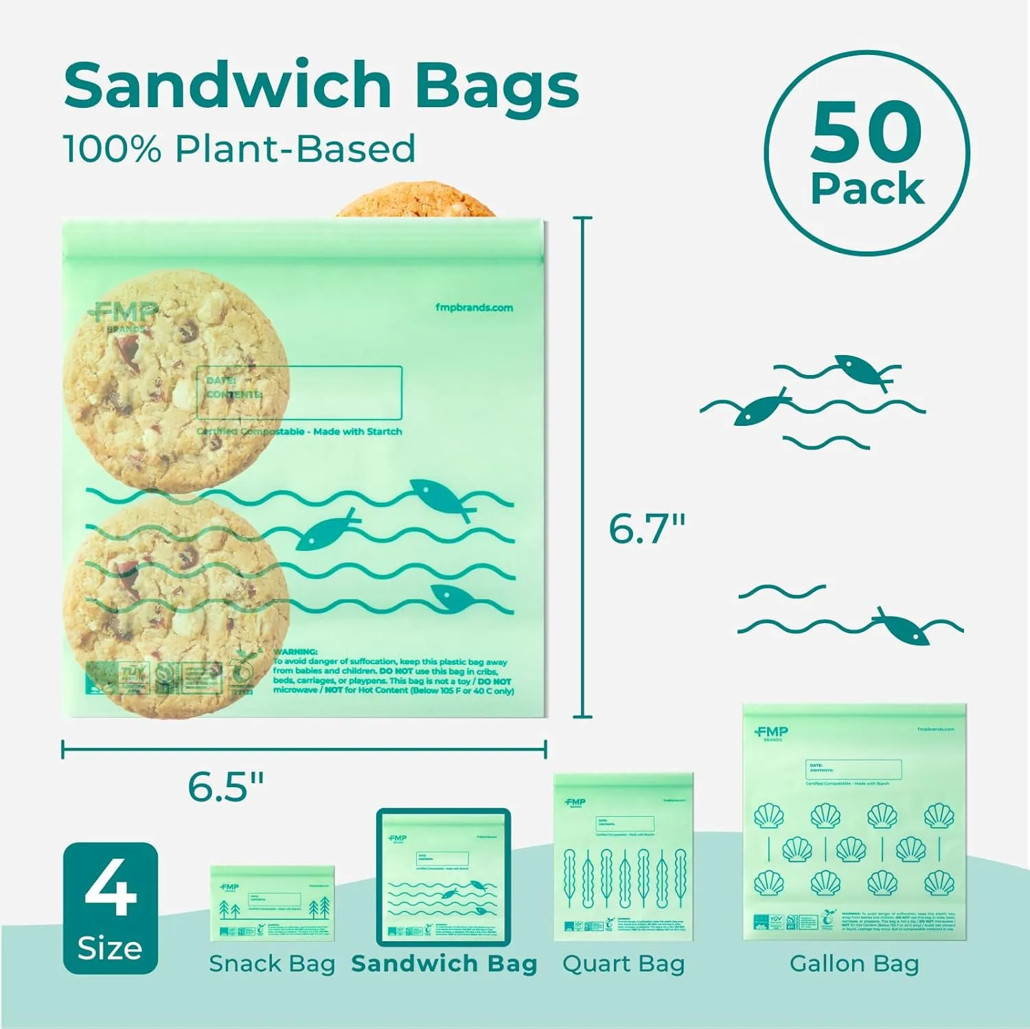 Fit Meal Prep 50 Pack 100% Compostable Ziplock Sandwich Bags, 6.5 x 6.7" Resealable Food Storage Freezer Bags, Eco Friendly Snack Zip Bags for Travel, ASTM D6400, US BPI & EU OK Compost Certified