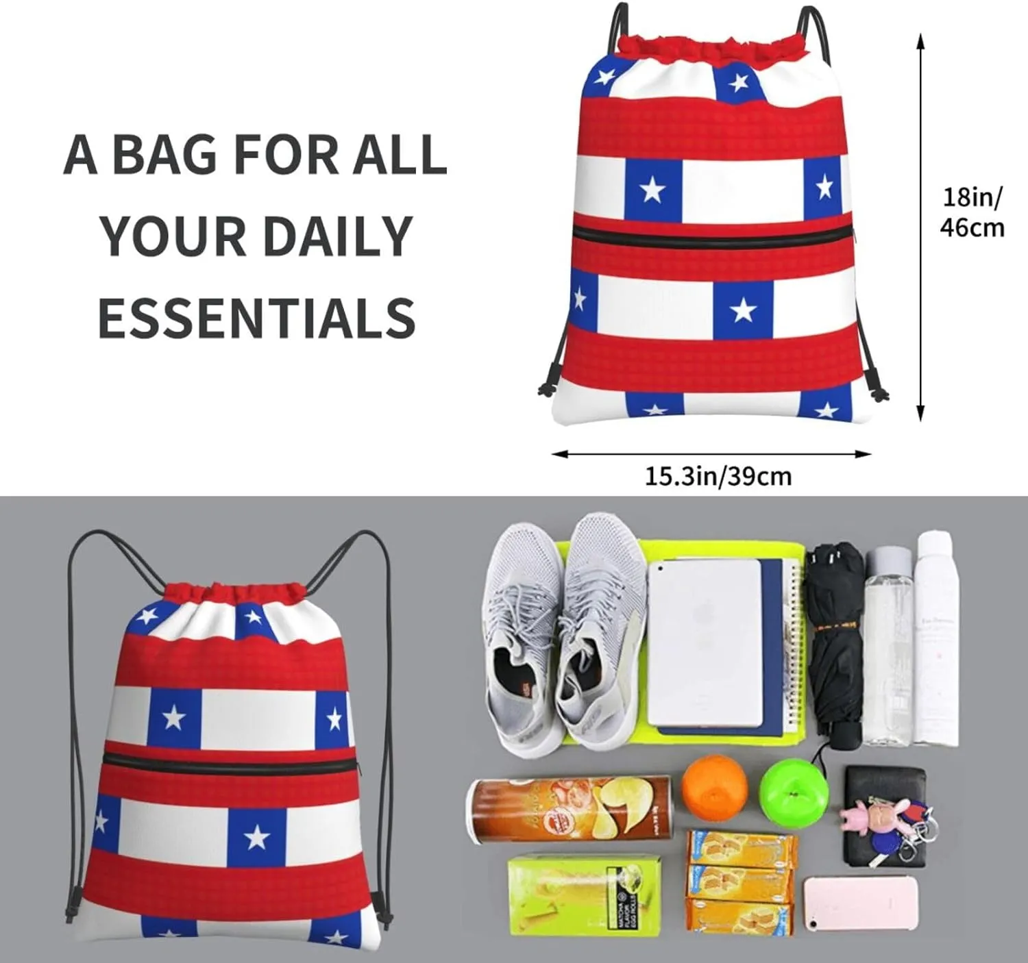 Flag Of Chile Drawstring Gym Bag Sports String Backpack For Beach Picnic, Family Outing