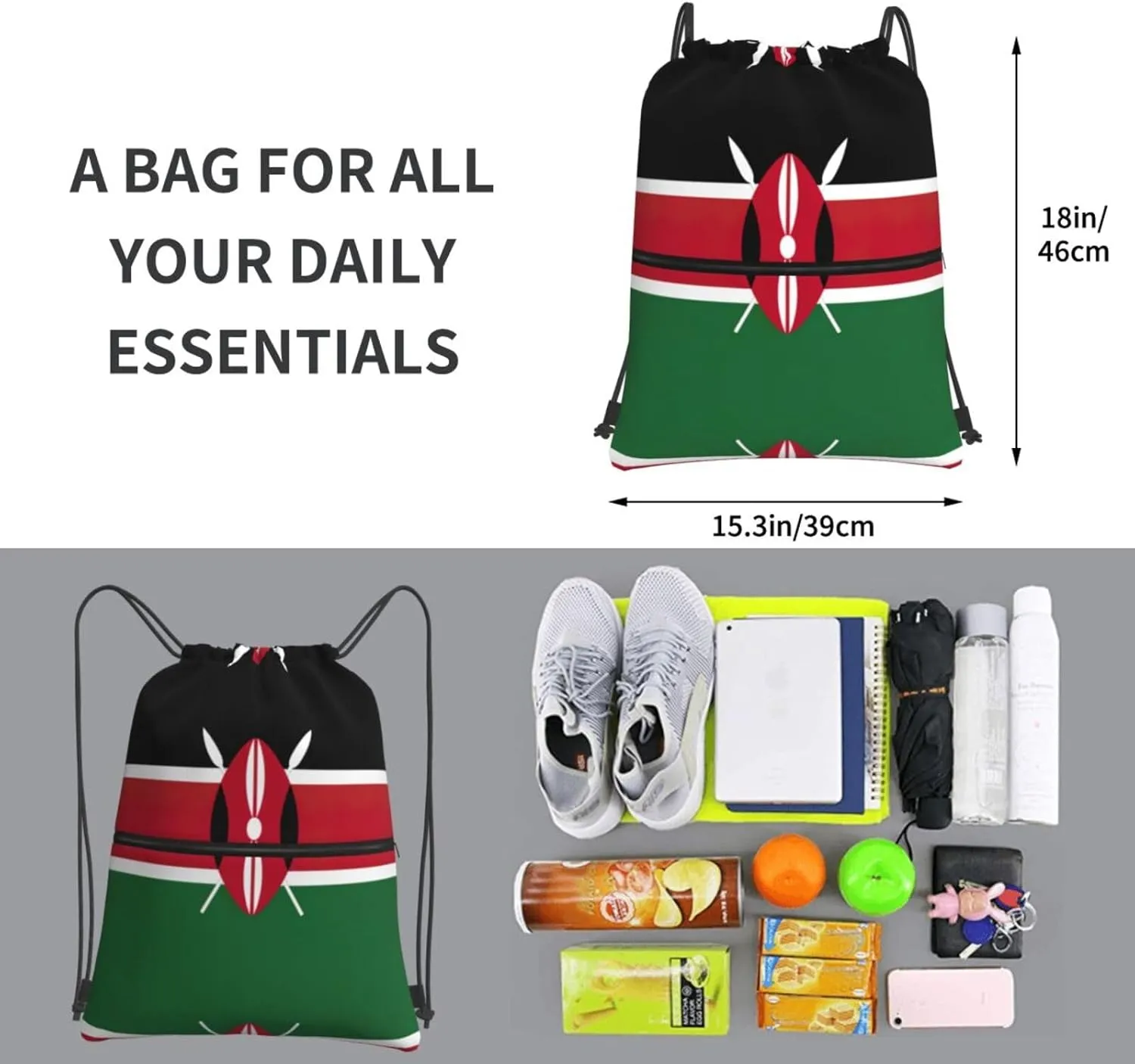 Flag Of Kenya Drawstring Gym Bag Sports String Backpack For Beach Picnic, Family Outing