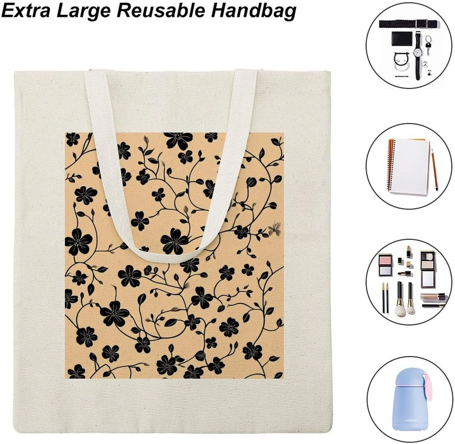 Floral Print Canvas Lightweight Tote Bags Casual Handbags Reusable Grocery Shopping Bag 13.4x15.8in