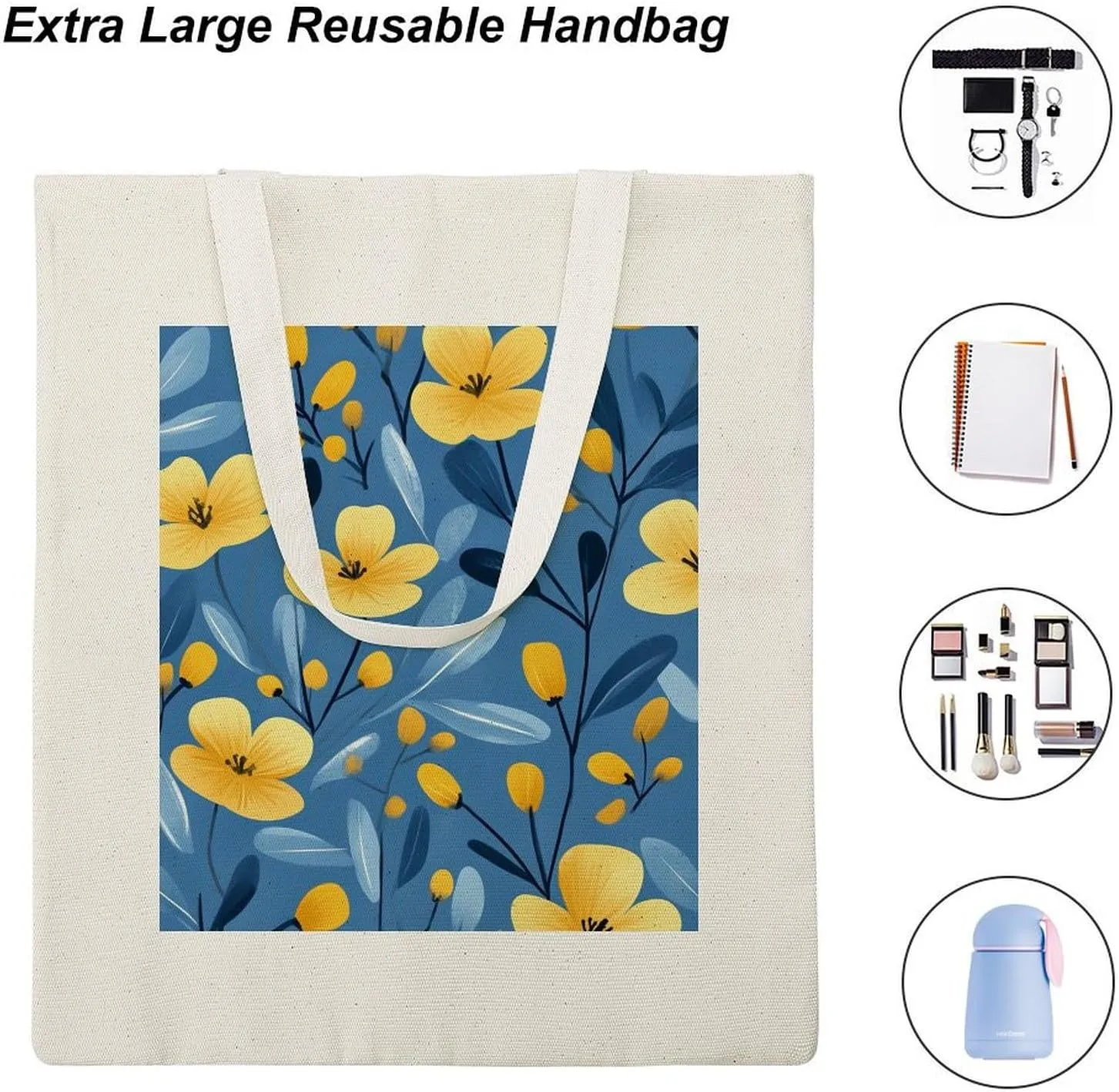 Floral Print Canvas Lightweight Tote Bags Casual Handbags Reusable Grocery Shopping Bag 13.4x15.8in