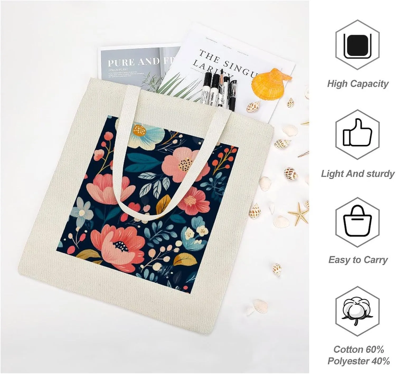 Floral Print Canvas Lightweight Tote Bags Casual Handbags Reusable Grocery Shopping Bag 13.4x15.8in