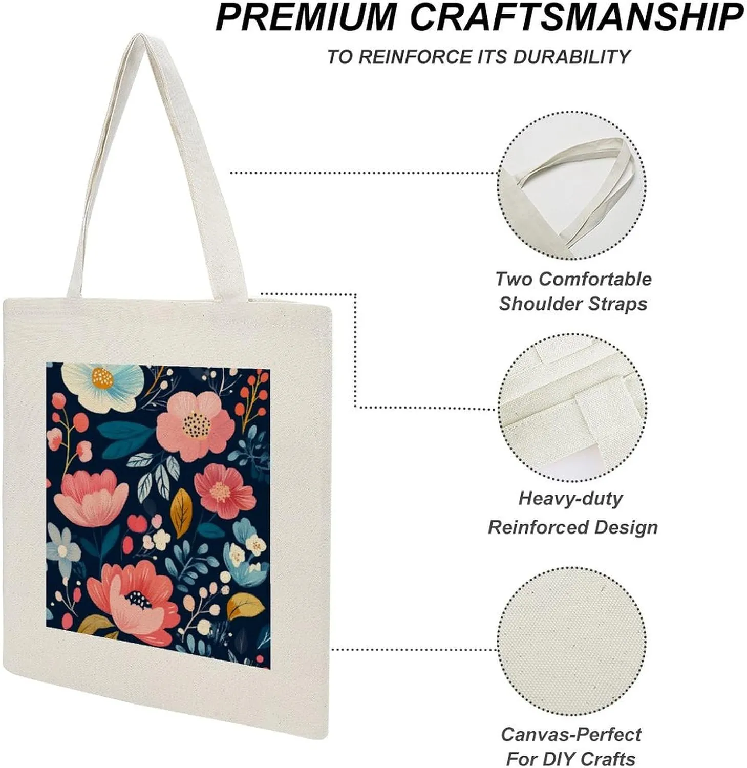 Floral Print Canvas Lightweight Tote Bags Casual Handbags Reusable Grocery Shopping Bag 13.4x15.8in