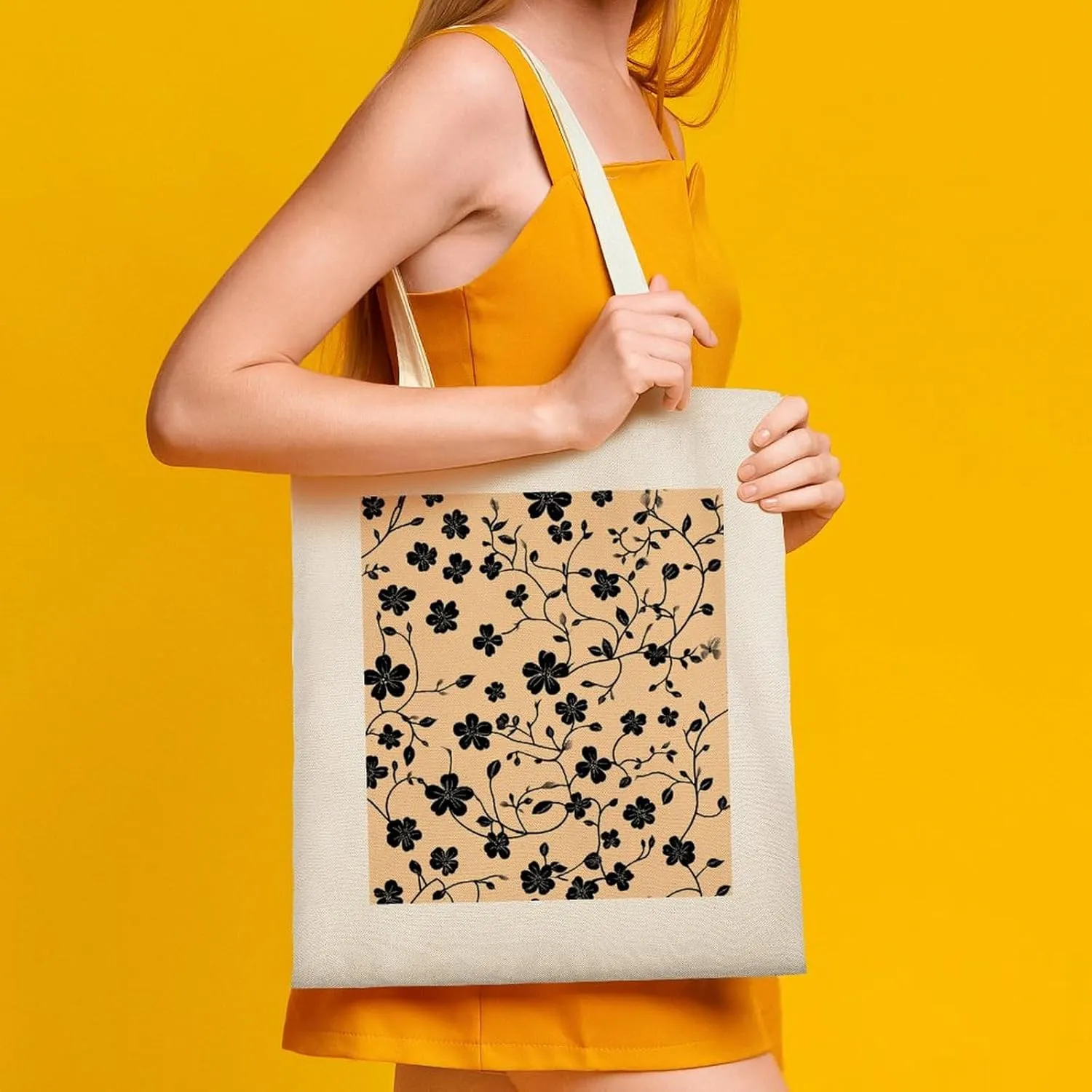 Floral Print Canvas Lightweight Tote Bags Casual Handbags Reusable Grocery Shopping Bag 13.4x15.8in