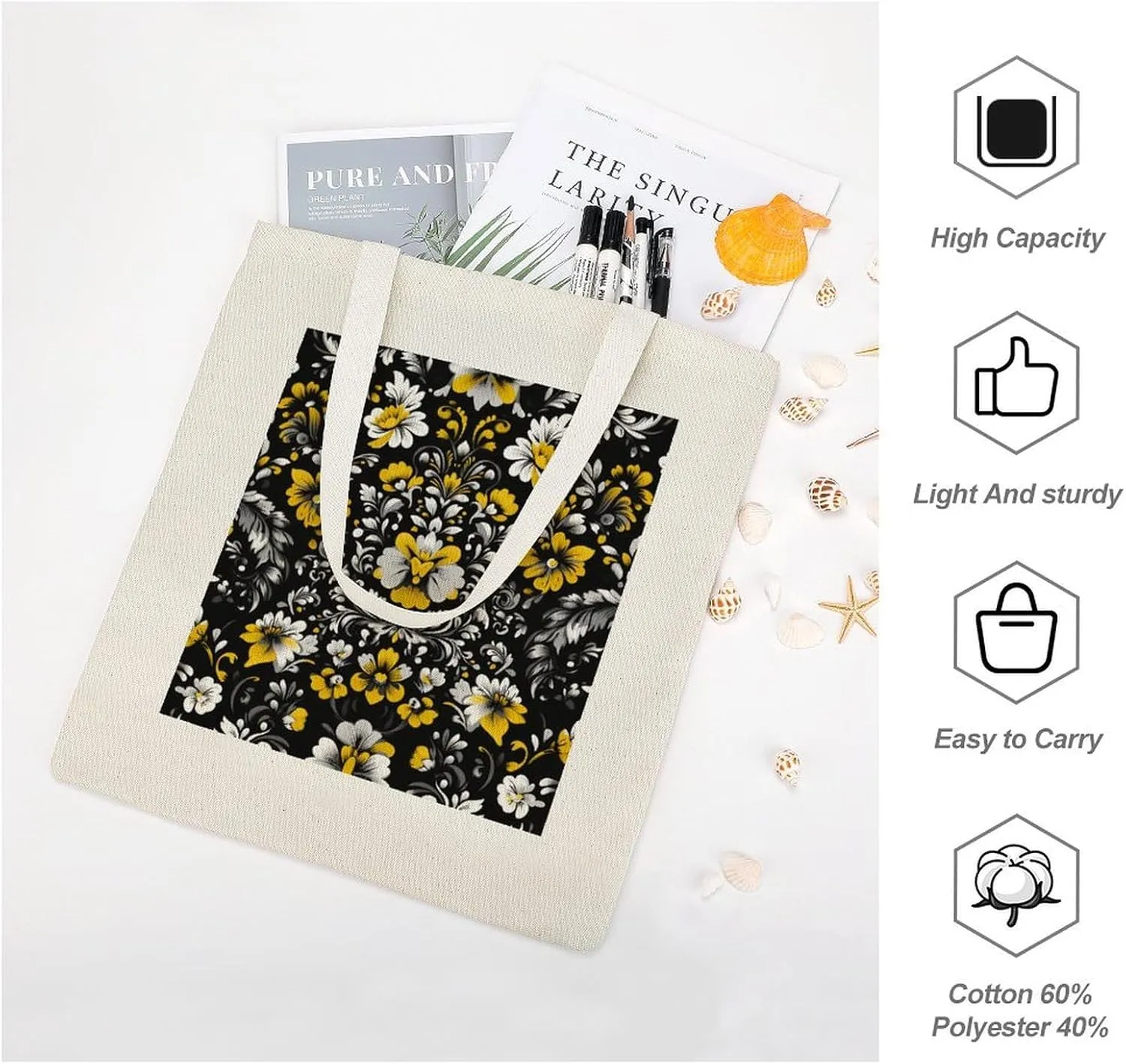 Floral Print Canvas Lightweight Tote Bags Casual Handbags Reusable Grocery Shopping Bag 13.4x15.8in