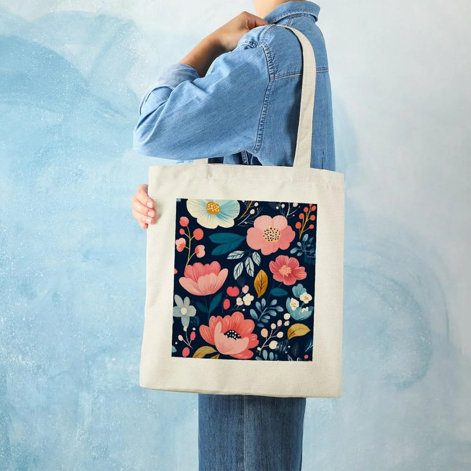 Floral Print Canvas Lightweight Tote Bags Casual Handbags Reusable Grocery Shopping Bag 13.4x15.8in