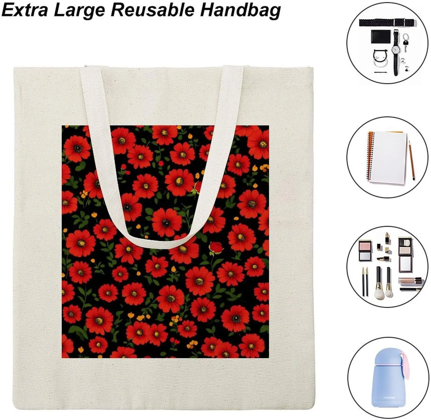 Floral Print Canvas Lightweight Tote Bags Casual Handbags Reusable Grocery Shopping Bag 13.4x15.8in