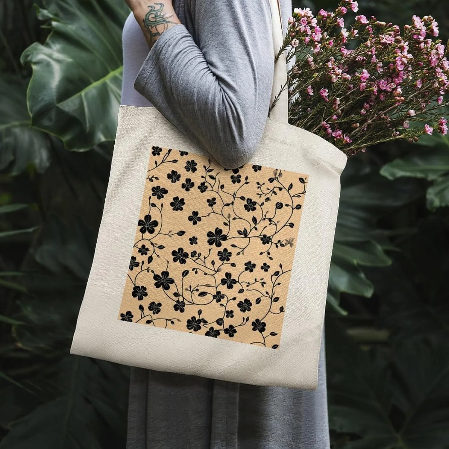 Floral Print Canvas Lightweight Tote Bags Casual Handbags Reusable Grocery Shopping Bag 13.4x15.8in