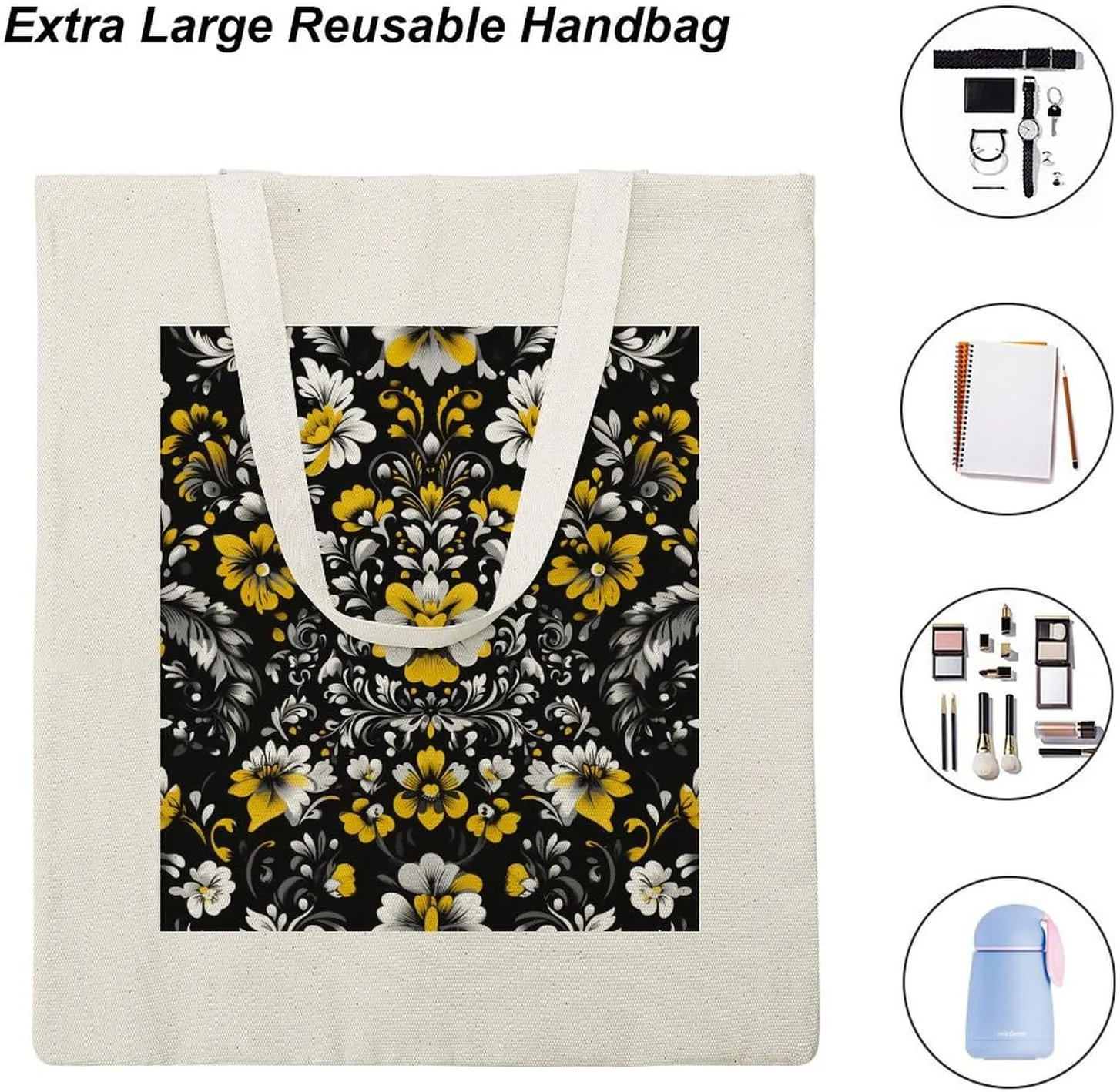 Floral Print Canvas Lightweight Tote Bags Casual Handbags Reusable Grocery Shopping Bag 13.4x15.8in