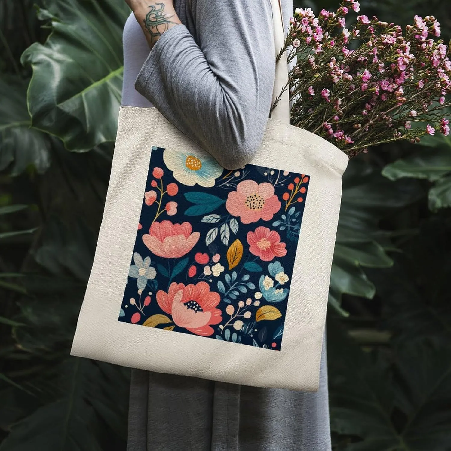 Floral Print Canvas Lightweight Tote Bags Casual Handbags Reusable Grocery Shopping Bag 13.4x15.8in
