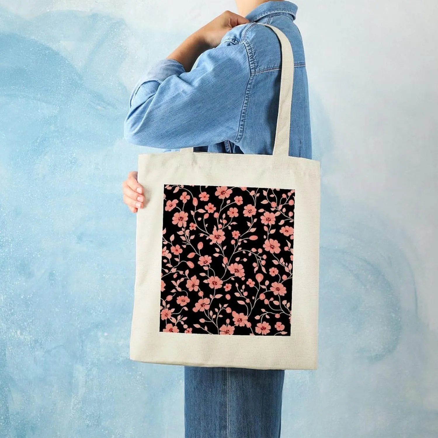 Floral Print Canvas Lightweight Tote Bags Casual Handbags Reusable Grocery Shopping Bag 13.4x15.8in