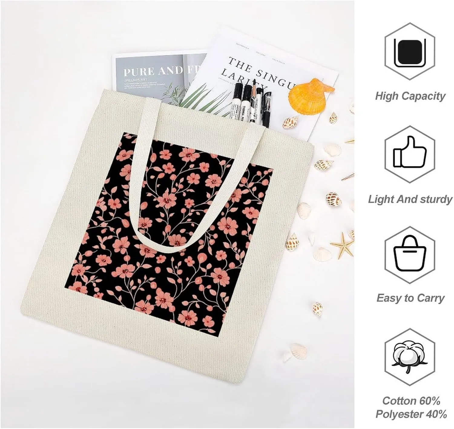 Floral Print Canvas Lightweight Tote Bags Casual Handbags Reusable Grocery Shopping Bag 13.4x15.8in