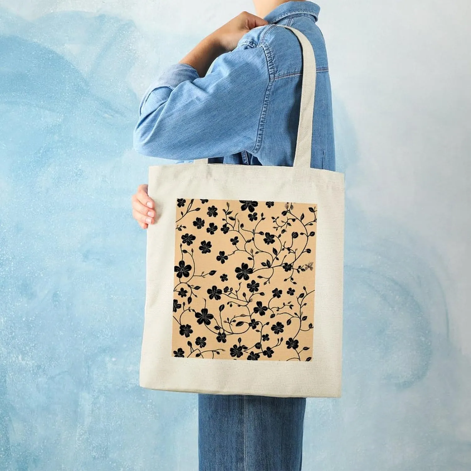 Floral Print Canvas Lightweight Tote Bags Casual Handbags Reusable Grocery Shopping Bag 13.4x15.8in