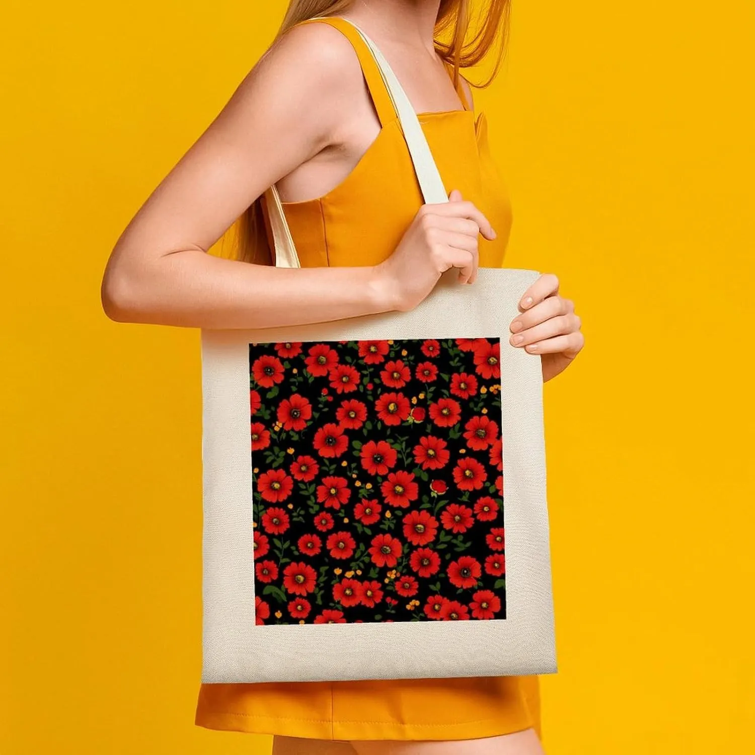 Floral Print Canvas Lightweight Tote Bags Casual Handbags Reusable Grocery Shopping Bag 13.4x15.8in