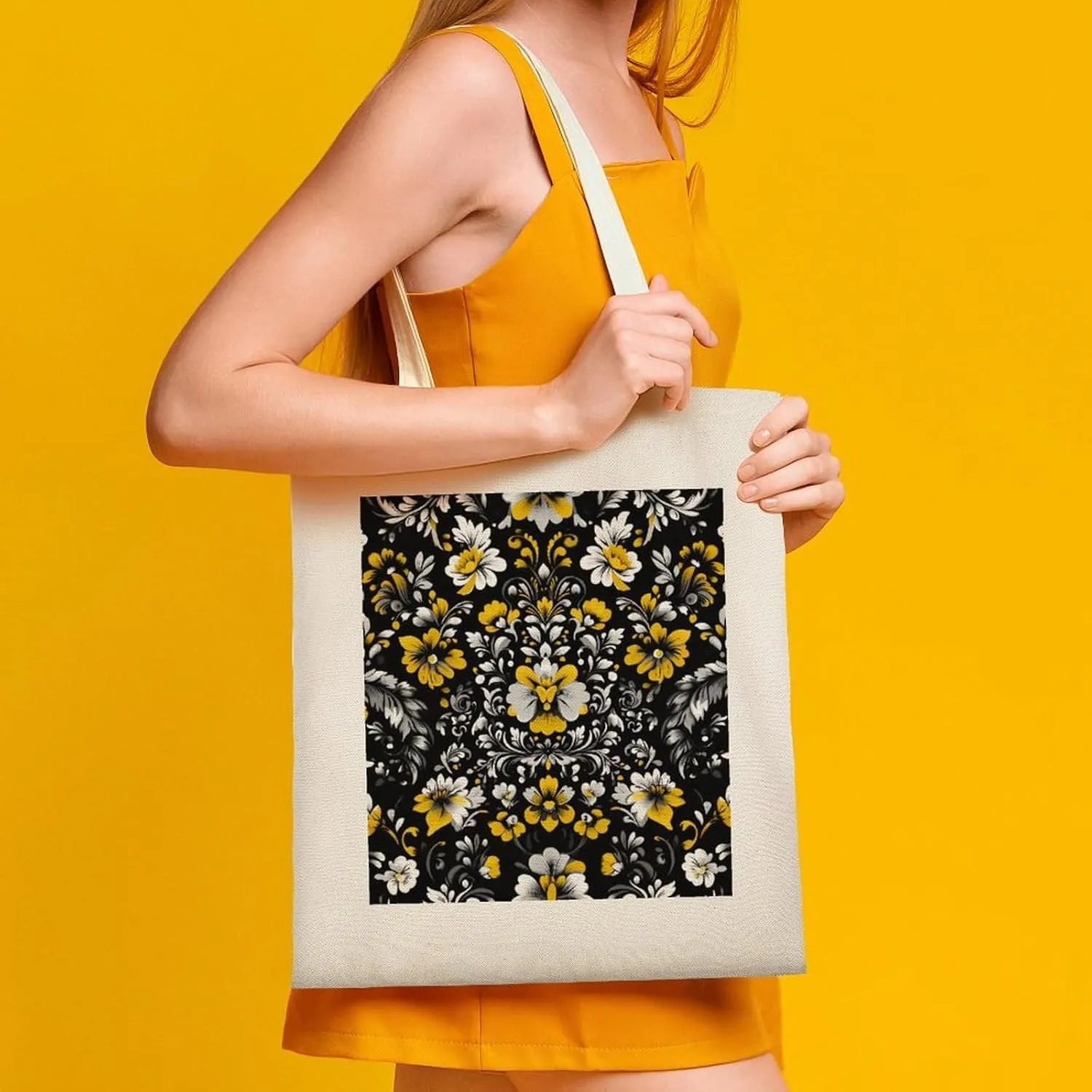 Floral Print Canvas Lightweight Tote Bags Casual Handbags Reusable Grocery Shopping Bag 13.4x15.8in