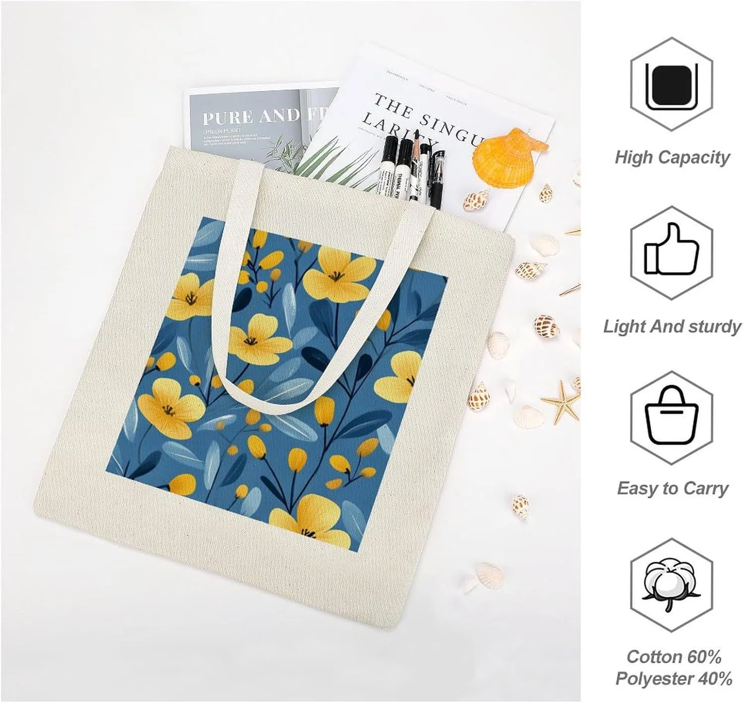 Floral Print Canvas Lightweight Tote Bags Casual Handbags Reusable Grocery Shopping Bag 13.4x15.8in