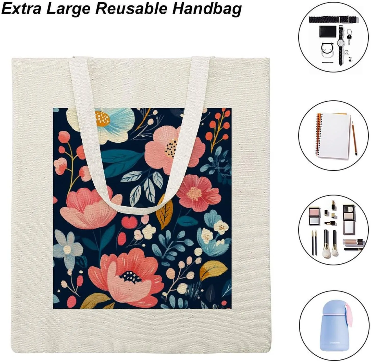 Floral Print Canvas Lightweight Tote Bags Casual Handbags Reusable Grocery Shopping Bag 13.4x15.8in