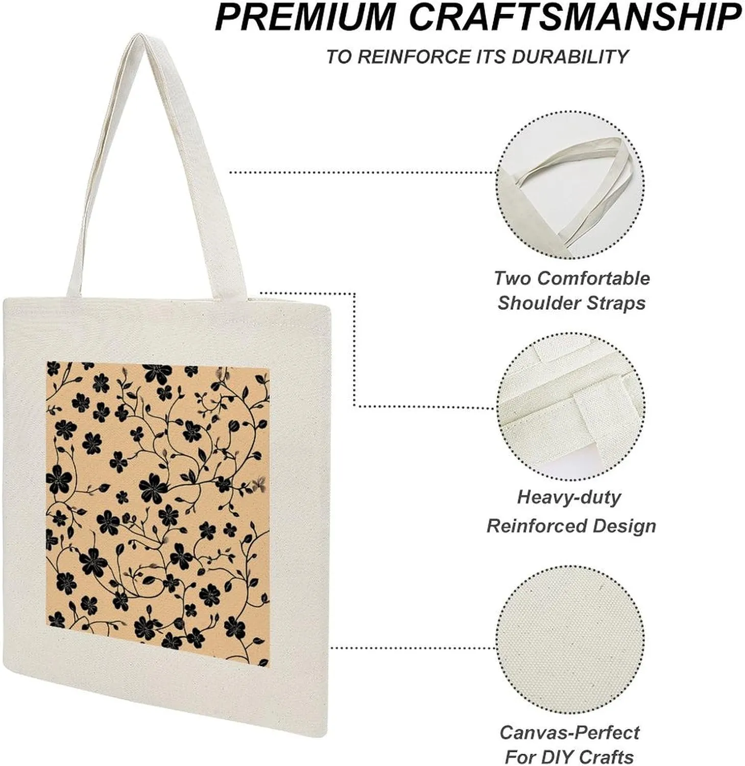 Floral Print Canvas Lightweight Tote Bags Casual Handbags Reusable Grocery Shopping Bag 13.4x15.8in