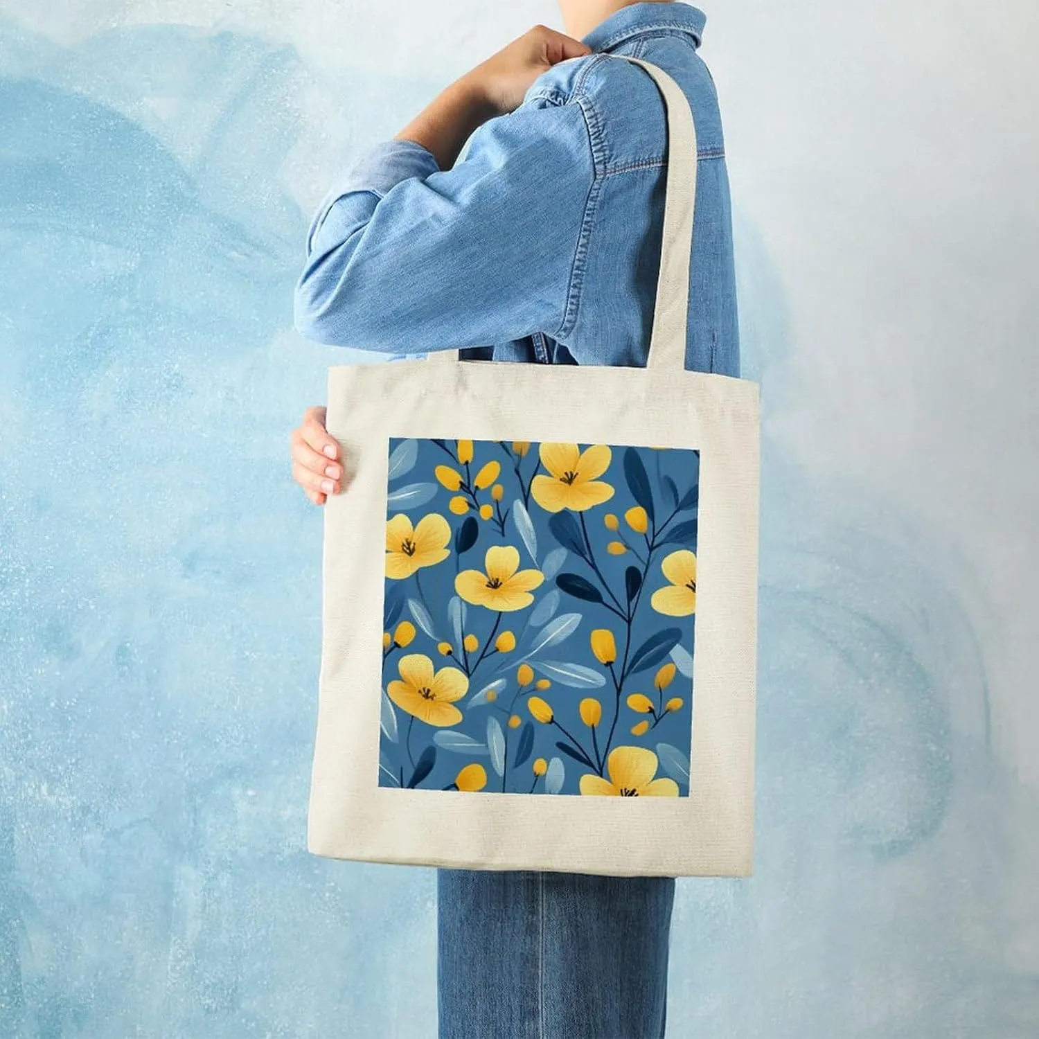 Floral Print Canvas Lightweight Tote Bags Casual Handbags Reusable Grocery Shopping Bag 13.4x15.8in